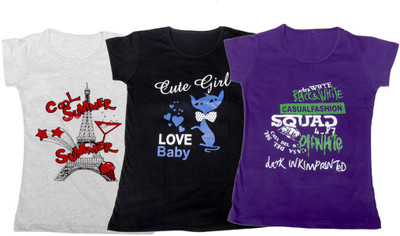 

IndiWeaves Girls Printed T Shirt(Multicolor, Gray & black & purple