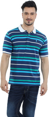 

The Cotton Company Striped Men' Polo Neck Blue T-Shirt, Blue;green