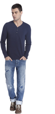 

Jack & Jones Solid Men's Henley Blue T-Shirt, Navy blazer