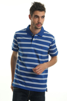 

Indian Terrain Striped Men' Polo Neck Blue T-Shirt, Ink