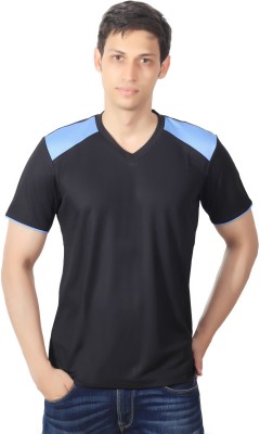 DS WORLD Colorblock Men V Neck Light Blue, Black T-Shirt