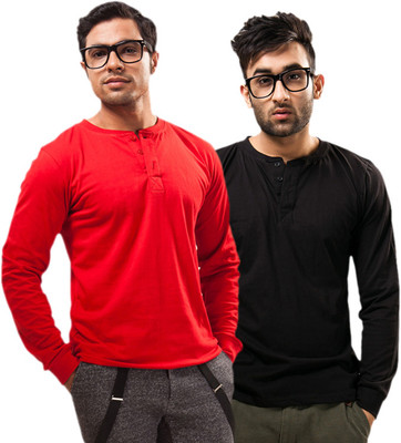 

Unisopent Designs Solid Men's Henley Red, Black T-Shirt(Pack of 2
