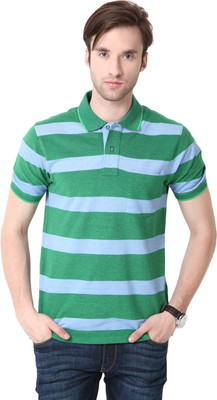 

Mudo Striped Men's Mandarin Collar Green T-Shirt