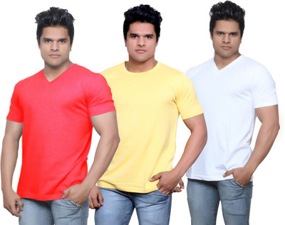 

IndiWeaves Solid Men' V-neck Red, Yellow, White T-Shirt(Pack of 3, Red;white;yellow