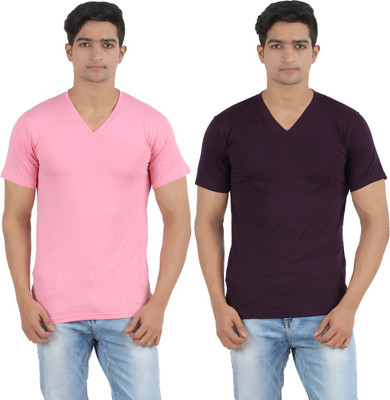 

Lyril Solid Men's V-neck Pink, Black T-Shirt(Pack of 2, Black;pink