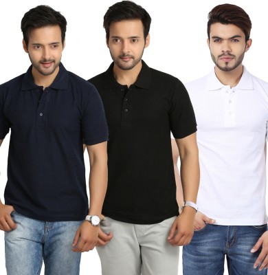 

Weardo Solid Men's Polo Neck Black, Blue, White T-Shirt(Pack of 3), Black;navy blue;white