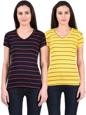 

NumBrave Striped Women's V-neck Multicolor T-Shirt(Pack of 2, Navy blue;yellow