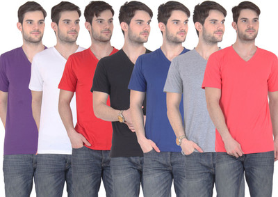 

E'Hiose Solid Men' V-neck Multicolor T-Shirt(Pack of 7, Black;blue;carrot;grey;purple;red;white