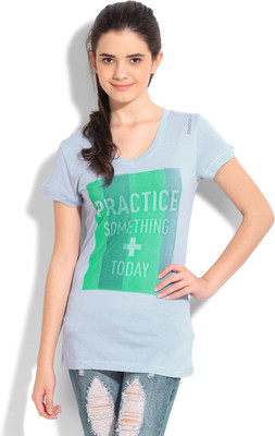 

REEBOK Printed Women's V-neck Light Blue T-Shirt, Frolil