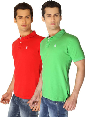 

The Cotton Company Solid Men's Polo Neck Red, Light Green T-Shirt(Pack of 2), Rosso corsa red & jade green