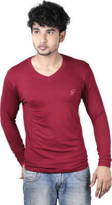Spur Solid Men' V-neck Maroon T-Shirt