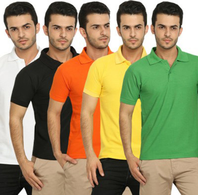 

Larwa Solid Men's Polo Neck White, Black, Orange, Yellow, Green T-Shirt(Pack of 5, Black;green;orange;white;yellow