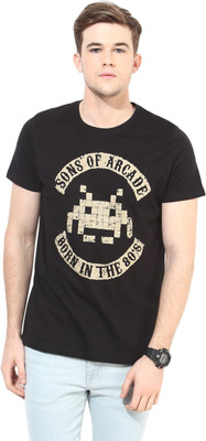 

White Kalia Printed Men' Round Neck Black T-Shirt