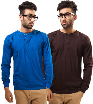 

Unisopent Designs Solid Men's Henley Blue, Brown T-Shirt(Pack of 2, Royal blue
