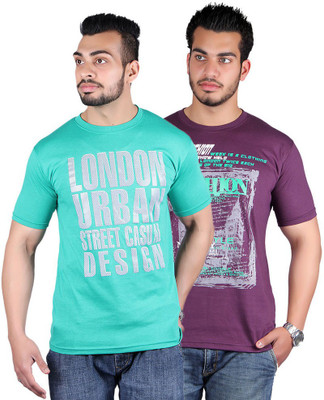

Shineway Graphic Print Men' Round Neck Multicolor T-Shirt(Pack of 2, Green;voilet