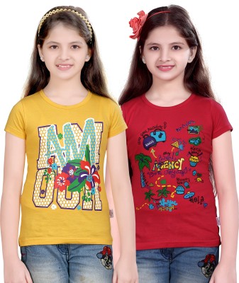 FabTag  - SINI MINI Girls Printed Cotton Blend T Shirt(Yellow, Pack of 2)