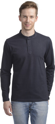 

WRIG Solid Men's Mandarin Collar Blue T-Shirt