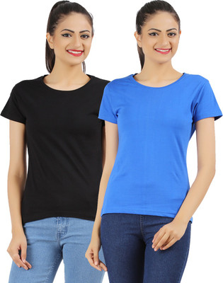 

Ap'pulse Solid Women's Round Neck Black, Blue T-Shirt(Pack of 2)