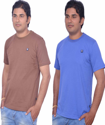 

Leaf Solid Men's Round Neck Brown, Light Blue T-Shirt(Pack of 2)