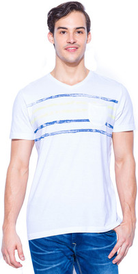 

Mufti Striped Men's V-neck White, Green T-Shirt