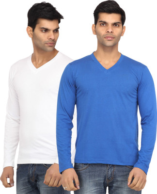 

Leana Solid Men's V-neck White, Blue T-Shirt(Pack of 2, Blue;white