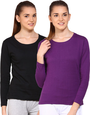 

Ap'pulse Solid Women's Round Neck Black, Purple T-Shirt(Pack of 2), _blk_lilc
