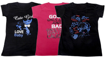

IndiWeaves Girls Printed, Solid T Shirt(Multicolor, Black & pink & black