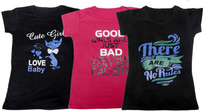 

IndiWeaves Girls Printed, Solid T Shirt(Multicolor, Black & pink & black