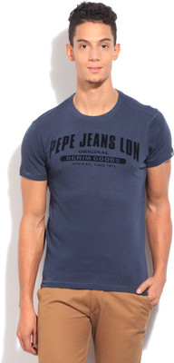 

Pepe Jeans Printed Men's Round Neck Blue T-Shirt, Indigo
