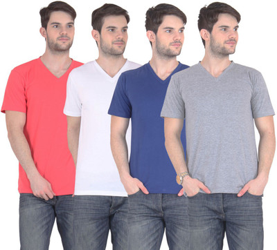 

E'Hiose Solid Men's V-neck Multicolor T-Shirt(Pack of 4, Blue;carrot;grey;white