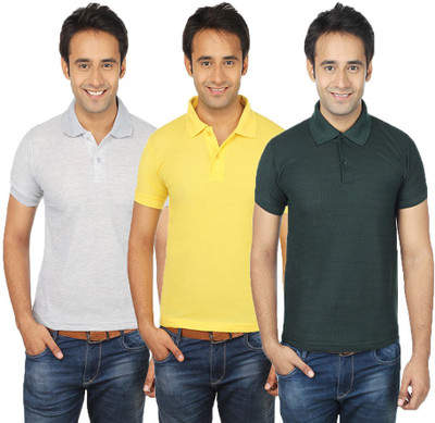 

Quetzal Solid Men's Polo Neck Multicolor T-Shirt(Pack of 3, Green;grey;yellow