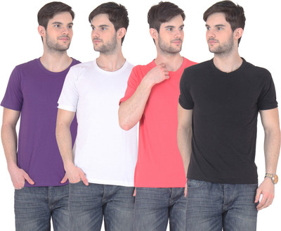 

FnMe Solid Men' Round Neck Multicolor T-Shirt(Pack of 4, Black;gajri;purple;white