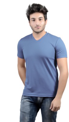DS WORLD Solid Men V Neck Light Blue T-Shirt