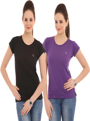 

Ultra Fit Solid Women's Round Neck Purple, Black T-Shirt(Pack of 2), Black;purple