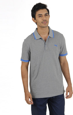 Puma Solid Men's Polo Neck Grey T-Shirt, Medium gray heather