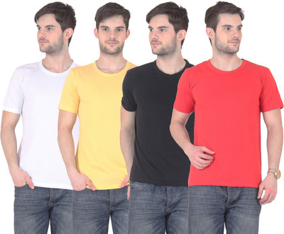 E'Hiose Solid Men' Round Neck Multicolor T-Shirt(Pack of 4, Black;red;white;yellow