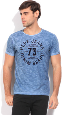 

Pepe Jeans Printed Men' Round Neck Blue T-Shirt, Indigo