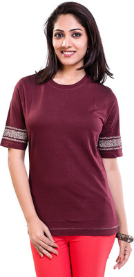 

TVENO Solid Women's Round Neck Maroon T-Shirt