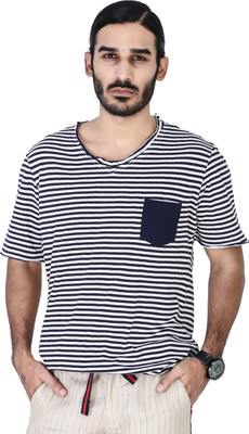 

Mr Button Striped Men's V-neck Blue T-Shirt