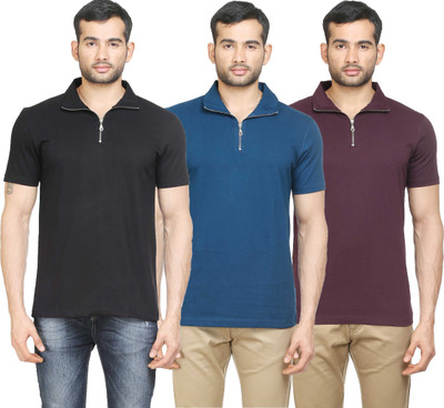 

Poshuis Solid Men' Polo Neck Black, Blue, Maroon T-Shirt(Pack of 3, Black;dark maroon;petrol blue