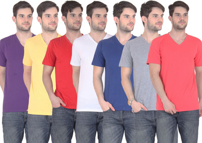 

E'Hiose Solid Men' V-neck Multicolor T-Shirt(Pack of 7, Blue;carrot;grey;purple;red;white;yellow