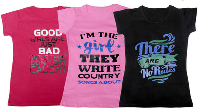 

IndiWeaves Girls Printed, Solid T Shirt(Multicolor, Pink & pink & black
