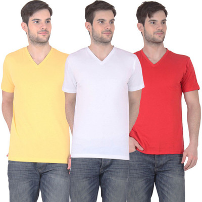 

E'Hiose Solid Men's V-neck Multicolor T-Shirt(Pack of 3, Red;white;yellow
