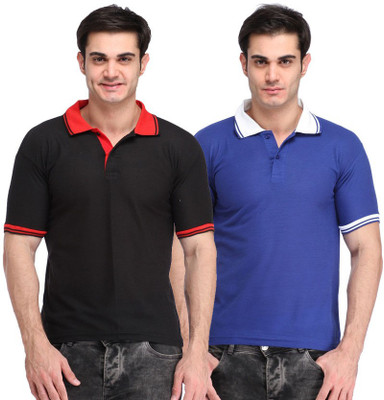 

Lime Solid Men's Polo Neck Black, Blue T-Shirt(Pack of 2