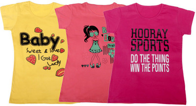 

IndiWeaves Girls Printed, Solid T Shirt(Multicolor, Yellow & pink & pink