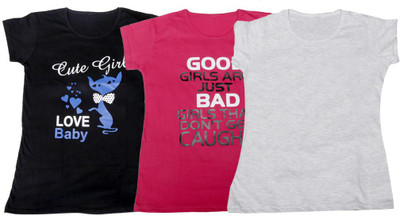 

IndiWeaves Girls Printed, Solid T Shirt(Multicolor, Black & pink & white