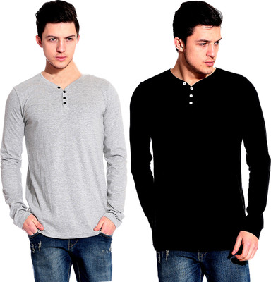 

Lemon & Vodka Solid Men' Henley Black, Silver T-Shirt(Pack of 2