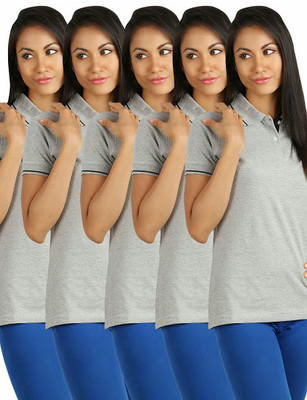 

Campus Sutra Solid Women's Polo Neck Grey T-Shirt(Pack of 5