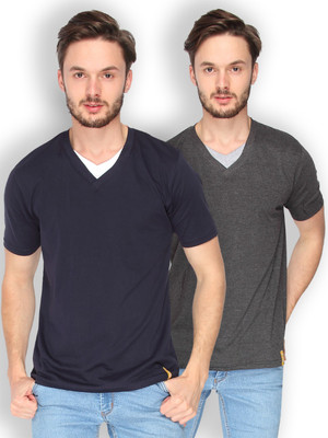 

Campus Sutra Solid Men V-neck Dark Blue, Grey T-Shirt(Pack of 2