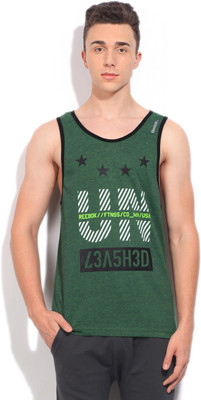

REEBOK Printed Men's Round Neck Black, Green T-Shirt, Dark grey heather